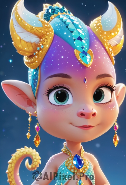 1girl,solo,breasts,looking at viewer,smile,short hair,hair ornament,bare shoulders,jewelry,closed mouth,green eyes,tail,upper body,earrings,small breasts,horns,pointy ears,necklace,aqua eyes,lips,eyelashes,makeup,colored skin,blue background,gem,furry,freckles,dragon horns,dragon girl,crystal,furry female,dragon tail,scales,yellow skin,blue eyes,animal ears,artist name,gradient,gradient background,watermark,feathers,portrait,web address,antlers,deer ears,lizard tail