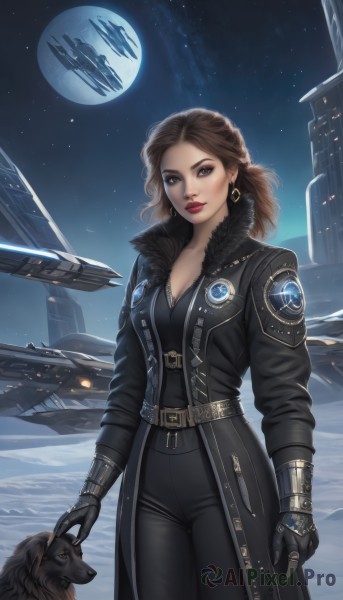 1girl,solo,long hair,breasts,looking at viewer,blue eyes,brown hair,gloves,cleavage,jewelry,medium breasts,standing,cowboy shot,earrings,outdoors,open clothes,sky,black gloves,belt,pants,signature,lips,coat,fur trim,black shirt,makeup,night,animal,black pants,moon,lipstick,building,star (sky),night sky,snow,buckle,full moon,eyeshadow,starry sky,science fiction,dog,open coat,black coat,realistic,aircraft,nose,red lips,airplane,space,leather,long coat,wolf,spacecraft,jet,fighter jet,helicopter,pet,brown eyes,medium hair,zipper,hoop earrings,city,headpat,planet