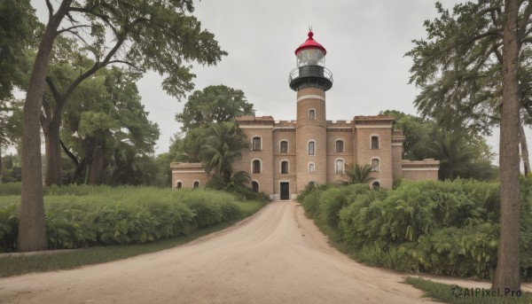 outdoors,sky,day,cloud,tree,no humans,window,cloudy sky,grass,building,nature,scenery,forest,road,bush,house,tower,path,plant,lamppost,church