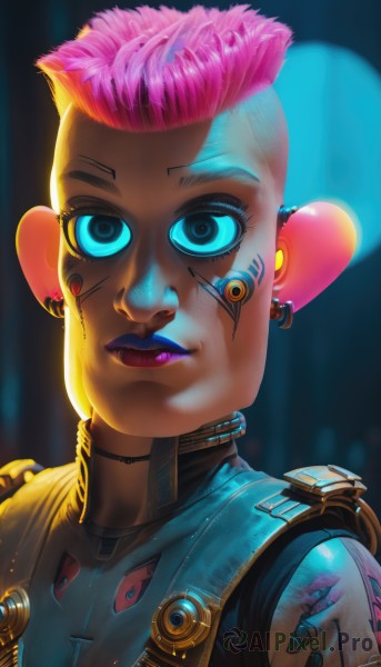 1girl,solo,looking at viewer,short hair,blue eyes,jewelry,upper body,pink hair,heart,earrings,choker,dark skin,dark-skinned female,lips,tattoo,makeup,piercing,lipstick,ear piercing,portrait,eyeshadow,science fiction,nose,eyeliner,very short hair,undercut,facial tattoo,cyborg,purple lips,mascara,mohawk,cyberpunk,closed mouth,artist name,eyelashes,glowing,scar,facial mark,android,facepaint