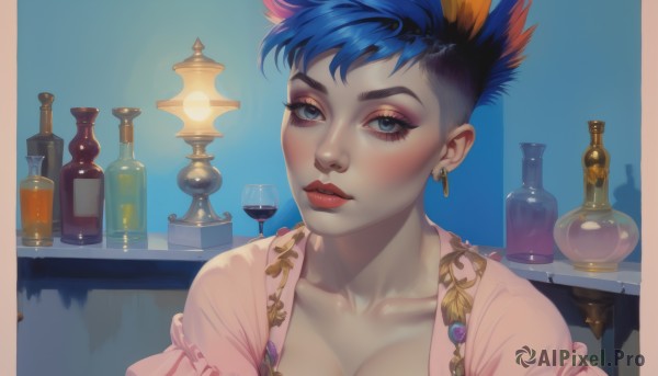 1girl,solo,breasts,looking at viewer,short hair,bangs,blue eyes,dress,cleavage,jewelry,medium breasts,closed mouth,blue hair,collarbone,upper body,multicolored hair,earrings,puffy sleeves,two-tone hair,cup,lips,eyelashes,makeup,blue background,piercing,bottle,lipstick,ear piercing,portrait,pink dress,alcohol,eyeshadow,drinking glass,realistic,nose,glass,eyeliner,wine glass,undercut,wine,wine bottle,mascara,mohawk,blush,parted lips,spiked hair,red lips