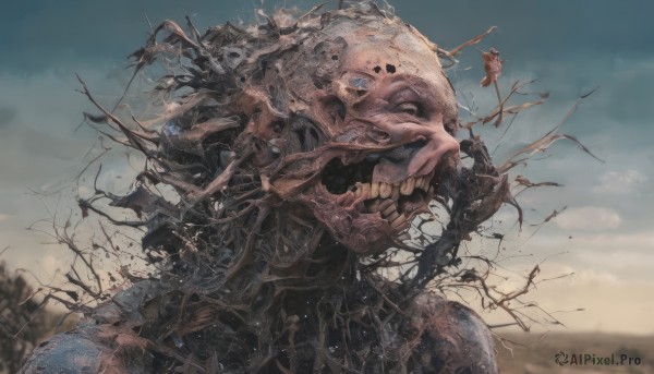 solo,open mouth,blue eyes,outdoors,sky,teeth,day,cloud,blurry,tree,blue sky,no humans,1other,monster,creature,extra eyes,eldritch abomination,tongue,armor,cloudy sky,scenery,skeleton,bare tree,horror (theme)