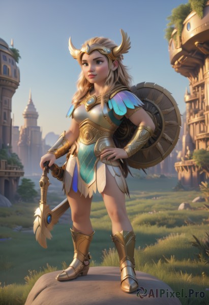 1girl,solo,long hair,breasts,blue eyes,blonde hair,dress,holding,brown eyes,closed mouth,standing,full body,weapon,boots,outdoors,sky,day,sword,artist name,holding weapon,armor,tree,blue sky,lips,hand on hip,makeup,watermark,holding sword,grass,feathers,shoulder armor,building,gem,shield,breastplate,rock,headpiece,nose,fantasy,armored dress,vambraces,red lips,armored boots,bracer,looking afar,faulds,castle,holding shield,helmet