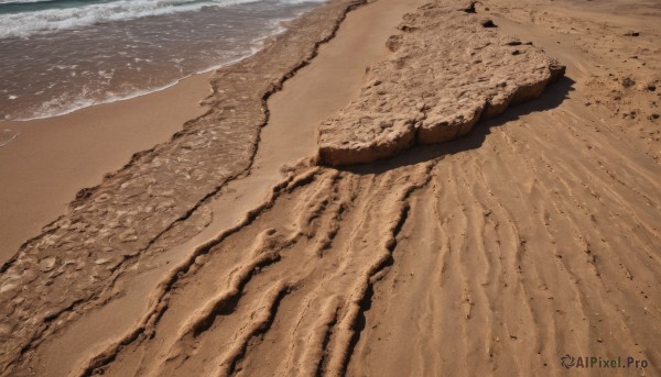 outdoors,sky,day,water,no humans,ocean,traditional media,beach,scenery,rock,sand,waves,shore,desert,footprints,signature,shadow