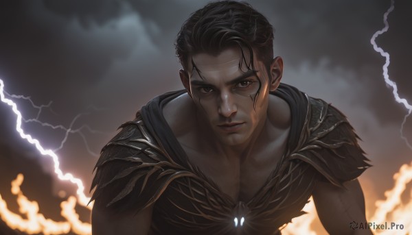 solo,looking at viewer,short hair,bangs,brown hair,black hair,1boy,brown eyes,closed mouth,collarbone,upper body,male focus,sky,cloud,dark skin,armor,scar,facial mark,dark-skinned male,cloudy sky,fire,shoulder armor,scar on face,veins,lightning,torn clothes,muscular,muscular male,pauldrons,serious,realistic,electricity