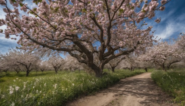 flower, outdoors, sky, day, cloud, tree, blue sky, no humans, grass, cherry blossoms, scenery, aircraft, road, path