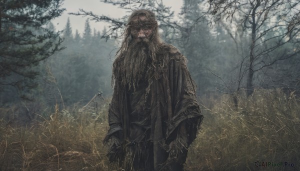 solo,long hair,brown hair,gloves,long sleeves,1boy,holding,standing,weapon,male focus,cowboy shot,outdoors,sword,holding weapon,armor,tree,facial hair,holding sword,grass,nature,facing viewer,beard,forest,robe,bare tree,looking at viewer,scenery