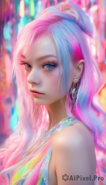 1girl,solo,long hair,looking at viewer,blue eyes,dress,bare shoulders,jewelry,closed mouth,blue hair,upper body,pink hair,multicolored hair,earrings,artist name,blurry,from side,two-tone hair,lips,eyelashes,makeup,blurry background,watermark,web address,eyeshadow,realistic,nose,mascara,stained glass,k/da (league of legends),bangs,signature,necklace,mole,looking to the side,portrait