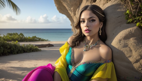 HQ,1girl,solo,long hair,breasts,looking at viewer,brown hair,shirt,dress,cleavage,bare shoulders,brown eyes,jewelry,medium breasts,sitting,collarbone,earrings,outdoors,parted lips,sky,day,pants,cloud,dark skin,necklace,off shoulder,dark-skinned female,tree,blue sky,lips,no bra,makeup,shadow,ocean,beach,plant,breasts apart,eyeshadow,realistic,nose,sand,palm tree,off-shoulder shirt,wall,water