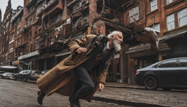 solo,shirt,long sleeves,1boy,weapon,white hair,male focus,outdoors,multiple boys,pants,black footwear,vest,coat,gun,dutch angle,facial hair,black pants,ground vehicle,building,motor vehicle,beard,running,open coat,city,mustache,car,road,bald,old,brown coat,old man,street,trench coat,jacket,white shirt,shoes,day,looking to the side,window,walking,black vest,brown jacket,realistic