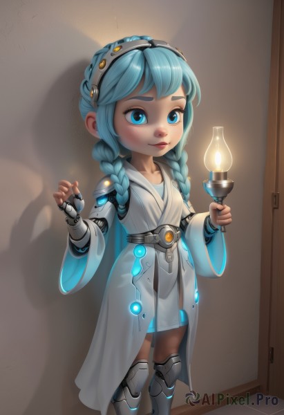 1girl,solo,long hair,blue eyes,dress,holding,blue hair,standing,braid,boots,white dress,twin braids,lips,see-through,aqua hair,child,robe,female child,candle,cyborg,prosthesis,blush,artist name,indoors,joints