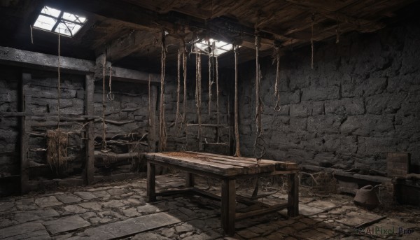 indoors,no humans,window,chair,table,sunlight,rope,scenery,ruins,barrel,crate,wood,day,chain,bench,wall,broken,crack,stone,stone floor,stone wall,cracked wall,cracked floor