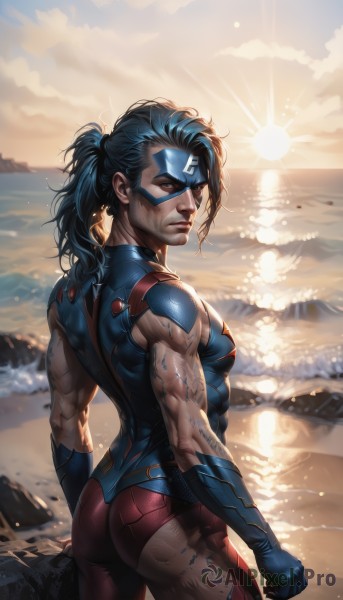 1girl,solo,long hair,breasts,looking at viewer,blue eyes,black hair,gloves,holding,brown eyes,blue hair,standing,ponytail,ass,cowboy shot,outdoors,sky,looking back,cloud,water,from behind,lips,bodysuit,mask,muscular,ocean,beach,skin tight,lens flare,sunset,rock,nose,sand,sun,muscular female,dirty,superhero,blue bodysuit,1boy,male focus,sunlight,realistic,facepaint,domino mask,sunrise