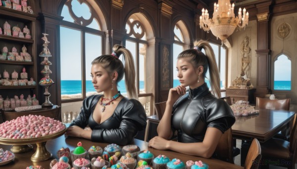 long hair,breasts,multiple girls,brown hair,dress,2girls,cleavage,brown eyes,jewelry,medium breasts,sitting,ponytail,short sleeves,earrings,food,day,puffy sleeves,indoors,necklace,black dress,cup,puffy short sleeves,lips,window,ocean,chair,looking away,table,high ponytail,gem,pendant,cake,head rest,realistic,nose,candle,hair pulled back,macaron,cupcake,pastry,sweets,chandelier,tiered tray,siblings,sisters