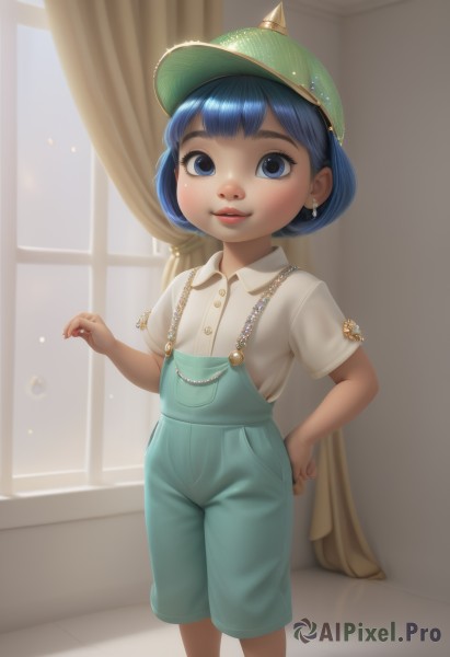 1girl,solo,looking at viewer,smile,short hair,bangs,blue eyes,shirt,hat,jewelry,closed mouth,blue hair,standing,white shirt,short sleeves,earrings,collared shirt,indoors,blunt bangs,necklace,lips,hand on hip,loli,window,feet out of frame,suspenders,curtains,child,baseball cap,green headwear,female child,overalls,overall shorts,blush,parted lips,realistic