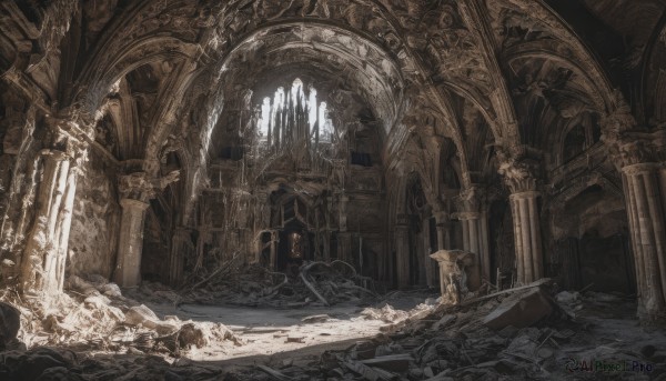 indoors,no humans,window,chair,sunlight,scenery,light rays,stairs,fantasy,architecture,ruins,pillar,throne,statue,church,arch,rubble,column,weapon,blood,sunbeam