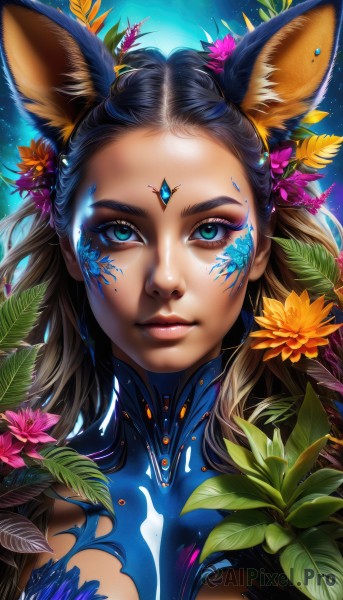 1girl,solo,long hair,breasts,looking at viewer,blue eyes,brown hair,hair ornament,animal ears,closed mouth,green eyes,upper body,flower,multicolored hair,parted lips,shiny,artist name,signature,hair flower,aqua eyes,lips,fox ears,eyelashes,makeup,glowing,leaf,watermark,blue background,facial mark,thick eyebrows,plant,lipstick,portrait,web address,forehead,eyeshadow,pink lips,nose,eyeliner,facepaint,bodypaint,orange flower,mascara,black hair,rabbit ears,mole,bodysuit,realistic,forehead jewel