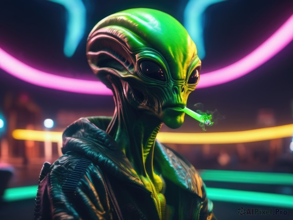 solo,1boy,jacket,upper body,male focus,blurry,blurry background,colored skin,smoke,science fiction,cigarette,realistic,antennae,smoking,green skin,leather,alien,leather jacket,cyberpunk,neon lights,red eyes,shiny,no humans,night