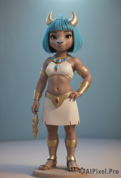 1girl,solo,breasts,looking at viewer,smile,short hair,bangs,skirt,navel,holding,animal ears,bare shoulders,brown eyes,jewelry,closed mouth,blue hair,standing,full body,ahoge,small breasts,horns,midriff,dark skin,blunt bangs,necklace,nail polish,black eyes,flat chest,dark-skinned female,fingernails,hand on hip,sandals,bob cut,white skirt,aged down,child,furry,armlet,toenails,anklet,furry female,female child,cow horns,bracer,egyptian,egyptian clothes,shirt,white shirt,weapon,artist name,miniskirt,stomach,bracelet,lips,crop top,watermark,web address,arm at side,body fur,animal nose,snout,brown fur,two-tone fur