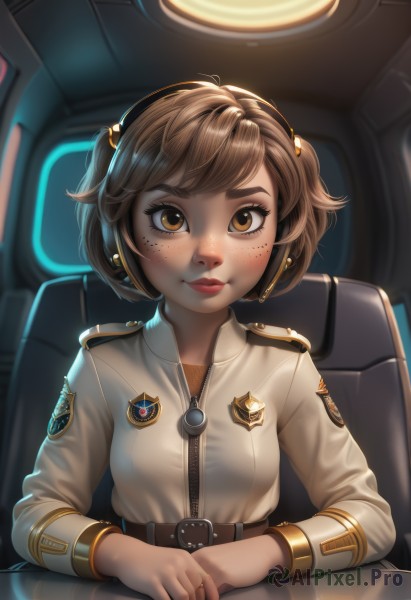 1girl,solo,breasts,looking at viewer,smile,short hair,bangs,brown hair,hair ornament,long sleeves,brown eyes,sitting,closed mouth,upper body,belt,artist name,uniform,lips,military,eyelashes,military uniform,headphones,chair,thick eyebrows,own hands together,zipper,headset,freckles,badge,cockpit,blush,twintails,jewelry,earrings,hair bobbles,short twintails