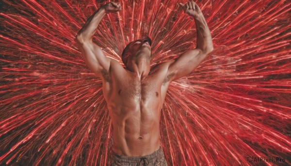 solo,short hair,black hair,1boy,navel,nipples,male focus,armpits,stomach,arms up,muscular,facial hair,abs,pectorals,muscular male,bara,red background,topless male,realistic,chest hair,navel hair,armpit hair,arm hair,upper body,emphasis lines,red theme