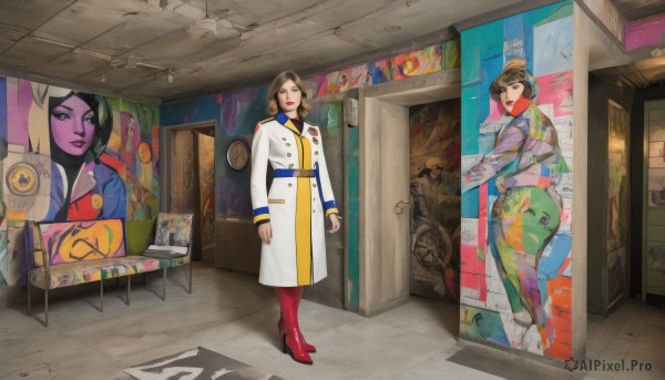 1girl,solo,looking at viewer,smile,short hair,multiple girls,brown hair,black hair,long sleeves,2girls,brown eyes,standing,pantyhose,boots,belt,indoors,kimono,hair bun,uniform,black eyes,high heels,coat,military uniform,makeup,colored skin,lipstick,red footwear,white coat,red lips,poster (object),graffiti,closed mouth,full body,lips,buttons,shadow,high heel boots,arms at sides,double-breasted