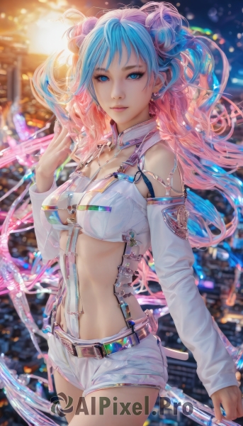 1girl,solo,long hair,breasts,looking at viewer,smile,bangs,blue eyes,long sleeves,navel,cleavage,bare shoulders,jewelry,medium breasts,underwear,blue hair,pink hair,multicolored hair,cowboy shot,earrings,detached sleeves,shorts,midriff,belt,hand up,hair bun,nail polish,bra,blurry,two-tone hair,lips,see-through,short shorts,clothing cutout,double bun,gradient hair,depth of field,blurry background,piercing,suspenders,revealing clothes,blue nails,white shorts,realistic,navel piercing,holding,closed mouth,standing,weapon,sword,artist name,signature,necklace,holding weapon,makeup,detached collar,underboob,night,buckle,lens flare,backlighting,arm at side,pink lips,nose,cityscape,bokeh,city lights