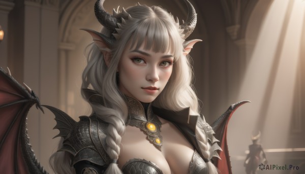 1girl,solo,long hair,breasts,looking at viewer,bangs,large breasts,animal ears,cleavage,medium breasts,closed mouth,upper body,braid,white hair,grey hair,wings,horns,solo focus,pointy ears,artist name,indoors,armor,blurry,twin braids,lips,grey eyes,makeup,sunlight,demon girl,demon horns,shoulder armor,demon wings,pauldrons,light rays,nose,red lips,jewelry,green eyes,blurry background,realistic