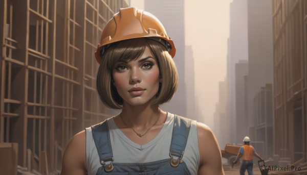 1girl,looking at viewer,short hair,brown hair,shirt,gloves,1boy,bare shoulders,brown eyes,jewelry,collarbone,white shirt,upper body,outdoors,parted lips,sleeveless,solo focus,necklace,lips,helmet,denim,ground vehicle,building,motor vehicle,city,realistic,nose,overalls,hardhat,hat,earrings,dirty