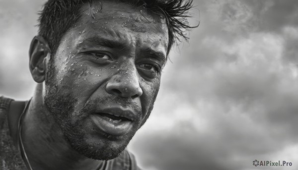 solo,looking at viewer,short hair,1boy,closed mouth,monochrome,greyscale,male focus,parted lips,cloud,lips,facial hair,messy hair,portrait,realistic,stubble,dirty,dirty face,artist name,cloudy sky,beard,close-up,manly