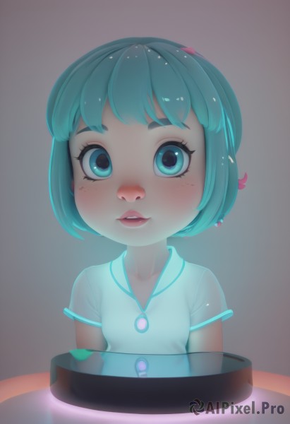 1girl,solo,breasts,looking at viewer,blush,short hair,open mouth,bangs,blue eyes,shirt,hair ornament,blue hair,white shirt,upper body,short sleeves,small breasts,parted lips,food,teeth,aqua eyes,lips,eyelashes,aqua hair,child,freckles,female child,simple background,see-through