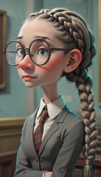 1girl,solo,long hair,blush,brown hair,shirt,long sleeves,closed mouth,school uniform,green eyes,jacket,white shirt,upper body,braid,parted lips,necktie,glasses,day,collared shirt,artist name,indoors,blurry,lips,window,single braid,depth of field,blurry background,looking away,crossed arms,blazer,wing collar,red necktie,forehead,desk,freckles,black-framed eyewear,braided ponytail,realistic,grey jacket,nose,round eyewear,classroom,brown-framed eyewear,looking at viewer,striped,eyelashes,watermark,thick eyebrows,web address,striped necktie