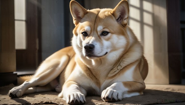 HQ,solo,looking at viewer,brown eyes,closed mouth,full body,lying,indoors,signature,blurry,no humans,window,blurry background,animal,on side,sunlight,on stomach,claws,dog,realistic,animal focus,white fur,shiba inu,puppy