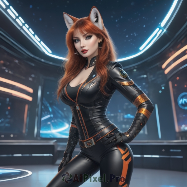 1girl,solo,long hair,breasts,looking at viewer,smile,bangs,large breasts,brown hair,gloves,animal ears,cleavage,brown eyes,jewelry,medium breasts,standing,jacket,cowboy shot,earrings,black gloves,belt,pants,artist name,cat ears,orange hair,blurry,lips,hand on hip,fox ears,bodysuit,makeup,night,black pants,lipstick,zipper,contrapposto,black bodysuit,red lips,leather,red hair,extra ears,science fiction,realistic