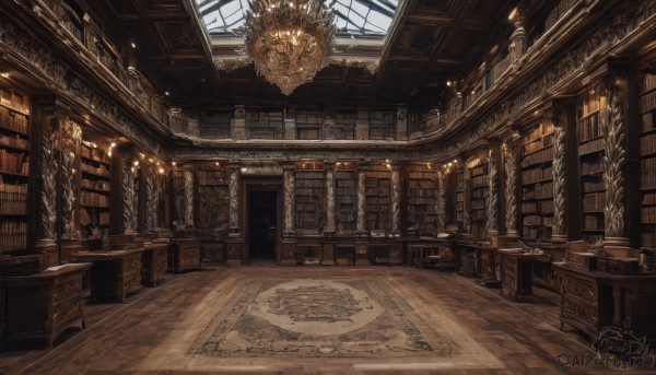 day,indoors,book,no humans,window,chair,table,sunlight,scenery,light rays,wooden floor,stairs,bookshelf,architecture,library,ceiling,carpet,arch,ceiling light,chandelier,artist name,signature,fantasy,candle,magic circle,book stack,candlestand