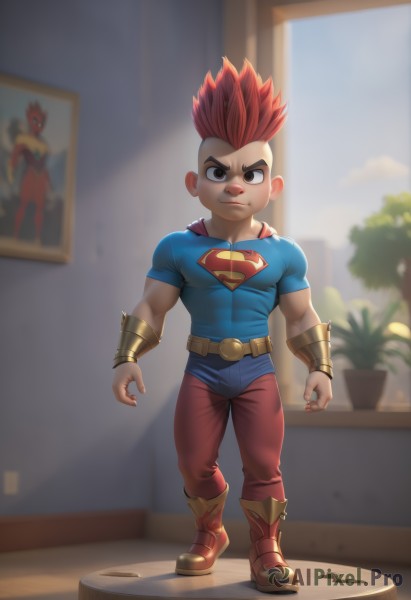 solo,looking at viewer,smile,short hair,shirt,1boy,brown eyes,closed mouth,standing,full body,short sleeves,male focus,red hair,boots,belt,pants,artist name,indoors,blurry,black eyes,window,muscular,blurry background,thick eyebrows,blue shirt,plant,muscular male,spiked hair,red footwear,clenched hands,potted plant,bracer,tight,male child,superhero,mohawk,cape,bodysuit,watermark,web address,red bodysuit