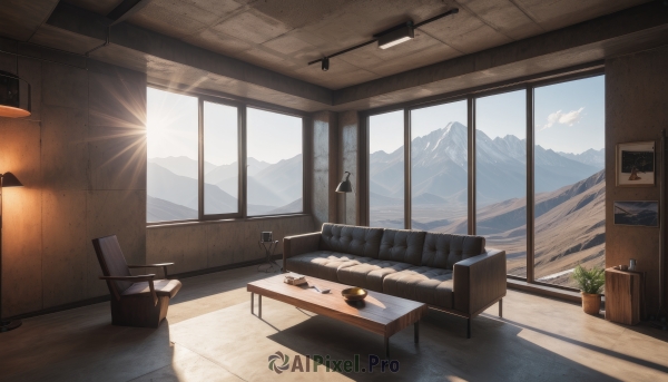 sky,day,cloud,indoors,tree,cup,blue sky,pillow,book,no humans,window,bed,shadow,chair,table,sunlight,plant,curtains,scenery,couch,wooden floor,mirror,mountain,sun,potted plant,lamp,bedroom,shelf,painting (object),carpet,flower pot,desk lamp