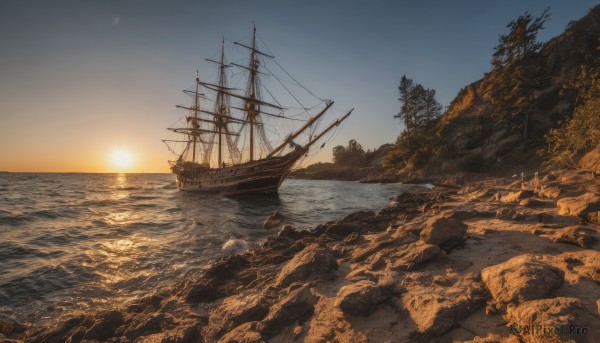 outdoors,sky,cloud,water,tree,military,no humans,ocean,nature,scenery,sunset,sun,horizon,watercraft,ship,boat,signature,beach,sunlight,rock,shore,sunrise