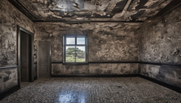 day,indoors,water,tree,no humans,window,scenery,reflection,door,wall,ruins,broken window,wooden floor,tiles,tile floor,crack,floor,hallway