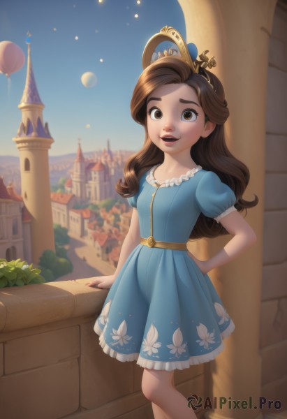 1girl,solo,long hair,looking at viewer,smile,open mouth,brown hair,dress,brown eyes,standing,collarbone,short sleeves,outdoors,parted lips,sky,teeth,day,puffy sleeves,nail polish,blue sky,puffy short sleeves,lips,hand on hip,feet out of frame,blue dress,floral print,moon,tiara,crown,building,child,city,female child,balloon,castle,princess,hair ornament,frills,night