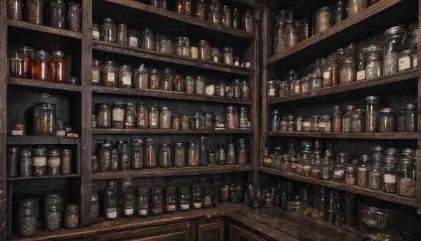 indoors,cup,no humans,bottle,scenery,alcohol,realistic,stool,shelf,jar,bar (place),dark,shop,still life,counter