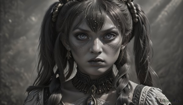 1girl,solo,long hair,looking at viewer,bangs,blue eyes,hair ornament,twintails,jewelry,collarbone,monochrome,braid,greyscale,earrings,parted lips,teeth,choker,blurry,twin braids,collar,lips,grey eyes,eyelashes,depth of field,blurry background,portrait,spot color,realistic,black hair,artist name,sunlight,brooch,gem,close-up,freckles