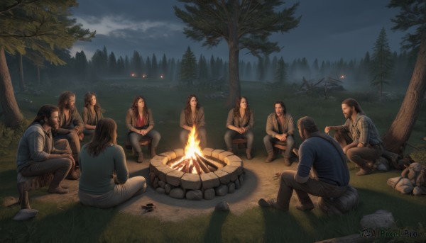 1girl,long hair,multiple girls,brown hair,shirt,black hair,sitting,jacket,outdoors,food,multiple boys,sky,barefoot,pants,cloud,hood,tree,night,fruit,facial hair,squatting,grass,fire,blue shirt,nature,night sky,beard,forest,6+boys,rock,realistic,mustache,indian style,cooking,log,tent,campfire,short hair,scenery