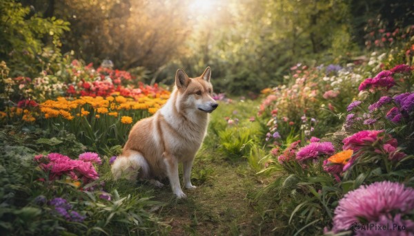 flower, outdoors, day, blurry, tree, no humans, animal, sunlight, grass, nature, scenery, dog, realistic, animal focus