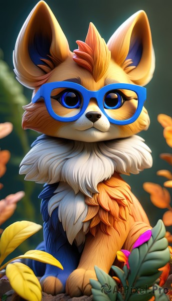 solo,looking at viewer,blue eyes,animal ears,closed mouth,standing,full body,flower,outdoors,glasses,day,artist name,signature,blurry,pokemon (creature),no humans,:3,depth of field,blurry background,leaf,watermark,furry,blurry foreground,yellow flower,body fur,animal focus,white fur,straight-on,brown fur,two-tone fur,blue-framed eyewear,yellow fur,orange fur,smile,upper body,grass,web address,freckles,fox