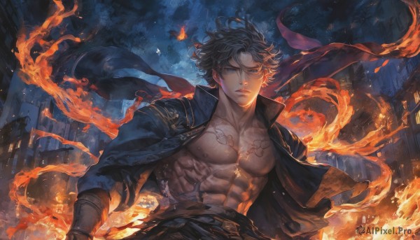 solo,looking at viewer,short hair,blue eyes,shirt,black hair,gloves,1boy,jewelry,closed mouth,nipples,jacket,upper body,weapon,male focus,outdoors,open clothes,sky,belt,sword,necklace,open jacket,open shirt,tattoo,muscular,night,scar,abs,fire,pectorals,muscular male,wind,building,night sky,arm tattoo,manly,bare pectorals,flame,chest tattoo,embers,burning,standing,collarbone,coat,black jacket,torn clothes,jacket on shoulders,torn jacket