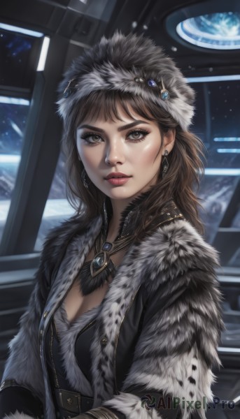 1girl,solo,long hair,breasts,looking at viewer,brown hair,hat,cleavage,brown eyes,jewelry,medium breasts,upper body,earrings,small breasts,belt,necklace,lips,coat,fur trim,makeup,gem,pendant,freckles,science fiction,realistic,nose,space,planet,fur hat,bangs,gloves,closed mouth,eyelashes