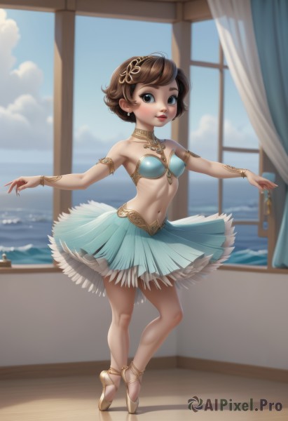 1girl,solo,breasts,looking at viewer,short hair,open mouth,blue eyes,skirt,brown hair,hair ornament,navel,bare shoulders,jewelry,standing,full body,hairband,earrings,small breasts,parted lips,sky,teeth,choker,day,midriff,artist name,cloud,indoors,water,necklace,stomach,blurry,bracelet,blue sky,lips,blue skirt,window,strapless,makeup,blurry background,shadow,ocean,outstretched arms,curtains,armlet,freckles,anklet,spread arms,dancing,tiptoes,dancer,blush,smile,brown eyes,pleated skirt,standing on one leg,ballerina,ballet slippers,tutu