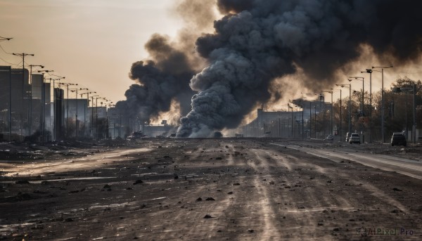 outdoors,sky,cloud,tree,dutch angle,no humans,fire,ground vehicle,building,scenery,motor vehicle,smoke,city,fence,car,road,cityscape,ruins,power lines,lamppost,street,skyscraper,cloudy sky,debris,destruction