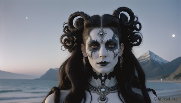 1girl,solo,long hair,looking at viewer,brown hair,black hair,brown eyes,jewelry,closed mouth,upper body,earrings,outdoors,horns,sky,choker,necklace,makeup,colored skin,facial mark,moon,portrait,curly hair,mountain,forehead mark,grey skin,facial tattoo,straight-on,mountainous horizon,black lips,lips,wavy hair,lipstick,third eye,pale skin,extra eyes,sunrise